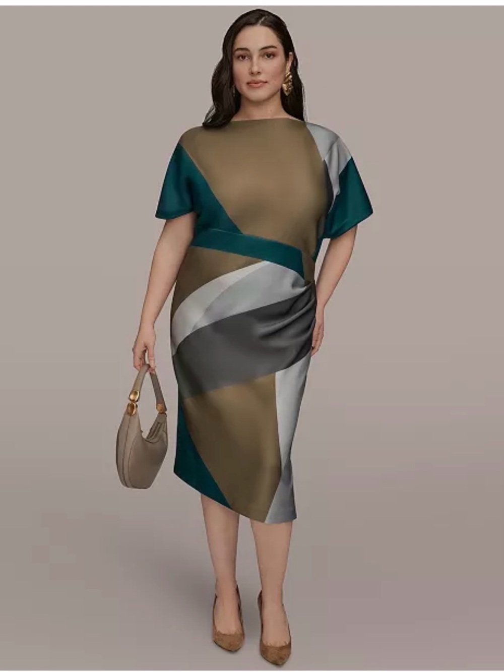 Donna Karan Teal and Olive Abstract Midi Dress